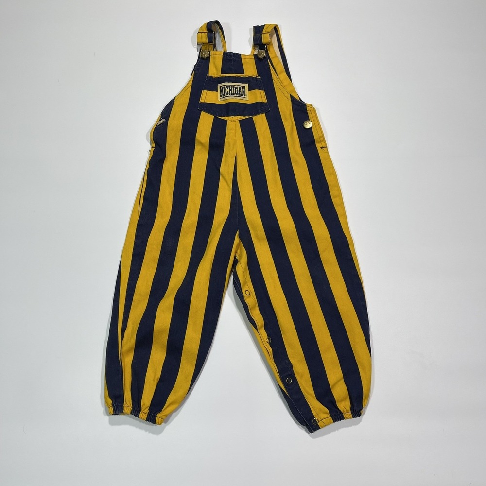 Vintage 90s Michigan Wolverines Lil Fan Kids Stripe Overalls Size 3T‎ USA Made